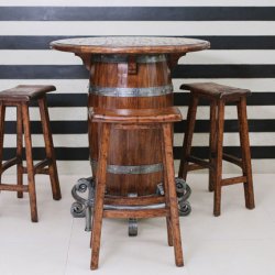 Barrel Table with Rustic Stools